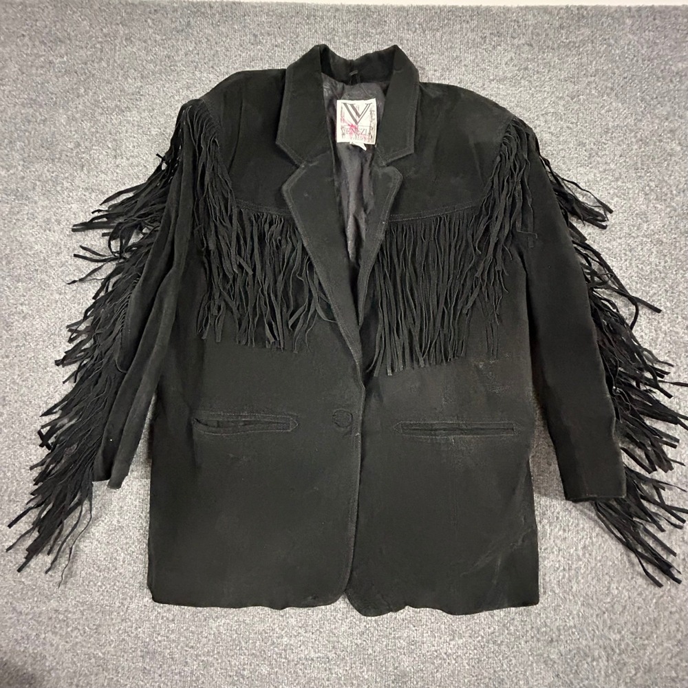 Venezia Jacket Womens Size 18/20 Black Leather Western Boho Tassel Stained